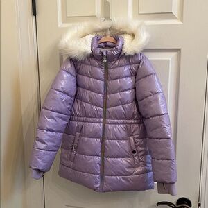Purple Kids Puffer Jacket with Faux Fur Hood Size 8